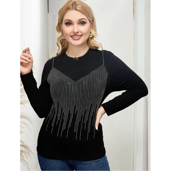 Y2K Luxe Rhinestone Plus Long Sleeve Black Top Size 2XL - Picture 4 of 7
